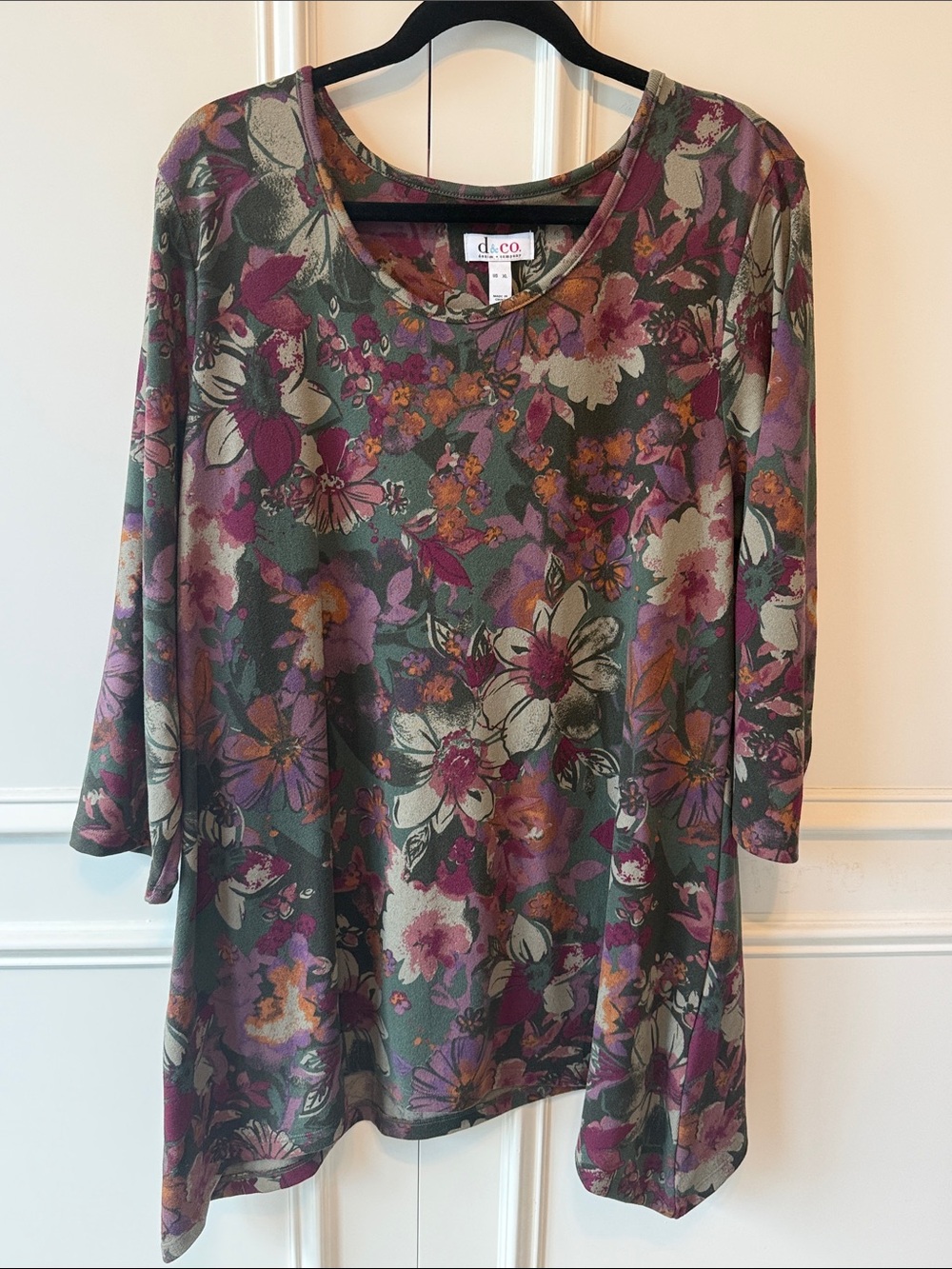 d.c.o. Olive Floral V-Neck Tunic with Purple Accents